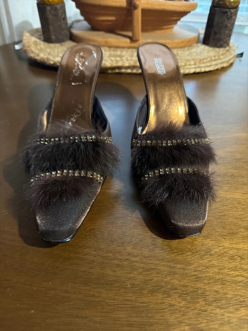 Valenti Franco, bronze, shimmer and fur mules kitten heel 8.5 606